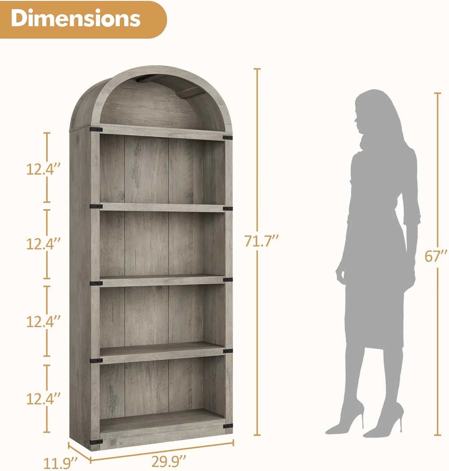 Bookcase 5 Shelf Arched Bookshelf 71.65in Tall Bookcase Farmhouse Display Storage Rack Wooden Bookshelves for Home Office, Living Room(White)