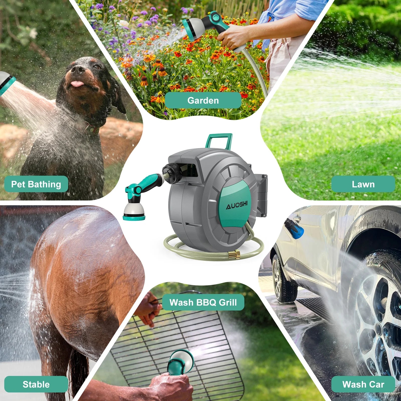 AUOSHI Retractable Garden Hose Reel 1/2" 100ft Automatic Hose Reel with 10 Function Sprayer Nozzle Wall Mount 180 Deg Swivel Bracket Hose Reel