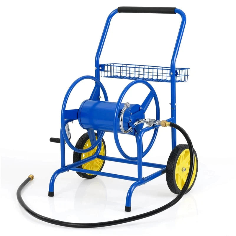 Garden Hose Reel Cart Holds 230FT of 5/8" Hose, Heavy - Duty Hose Cart with 2 Wheels & Storage Basket, Portable Water Hose Organizer for Yard