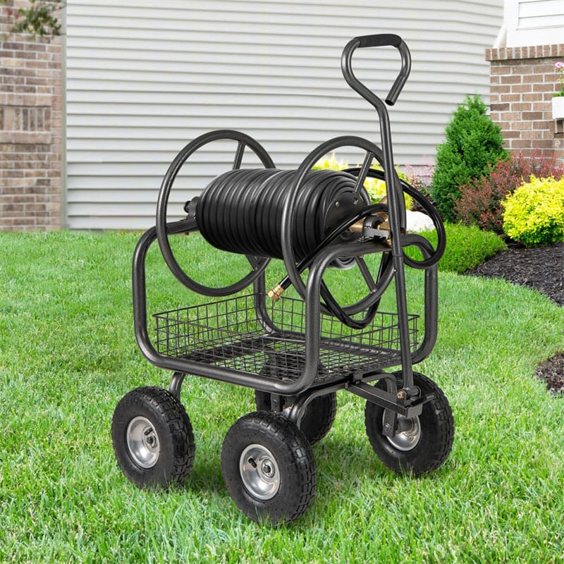 Portable Garden Hose Reel Cart Holds 300FT of 5/8" Large Capacity, Heavy - Duty Metal Hose Cart with 4 Wheels & Storage Basket for Lawn Yard