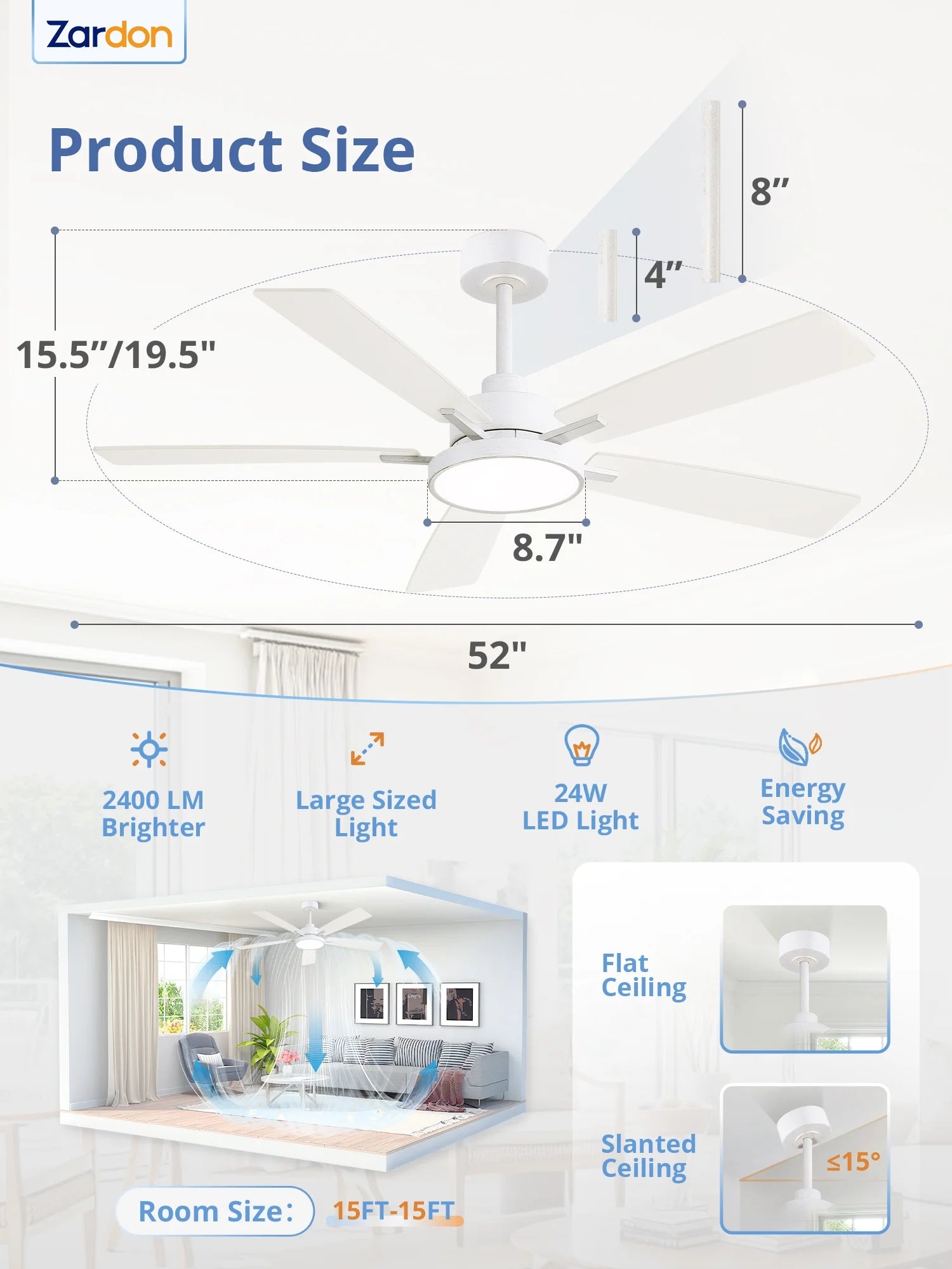 Zardon 52 in Black Ceiling Fan with LED Light and Remote, Downrod 6-Speed and Quiet Reversible DC Motor for Bedroom, Living Room, Indoor