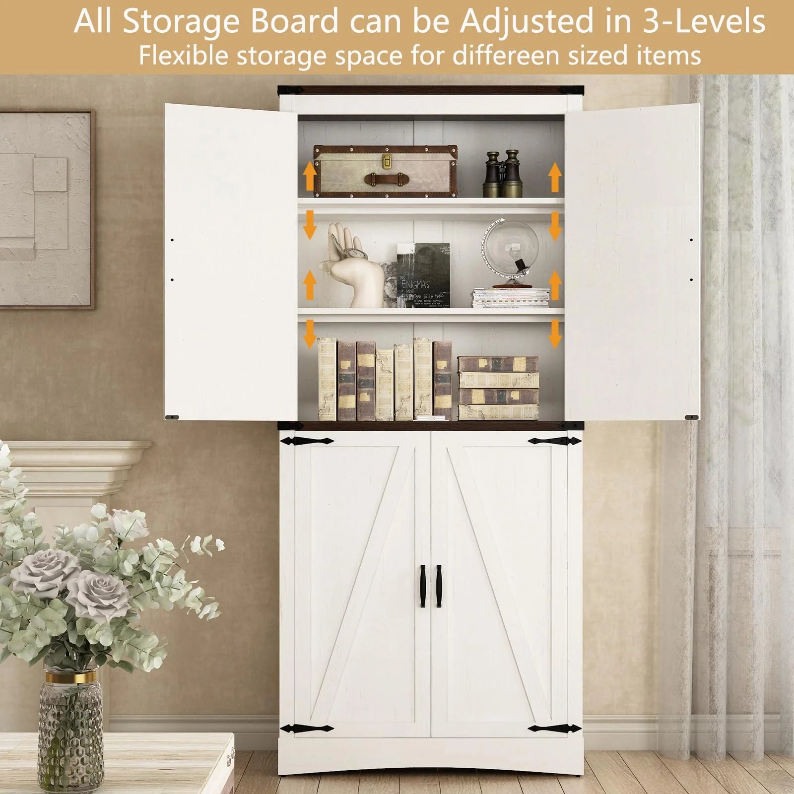 71" Tall Farmhouse Kitchen Pantry Cabinet, 5 Layers Storage Cabinet with Adjustable Shelves, Farmhouse Pantry Cabinet with 4 Barn Doors