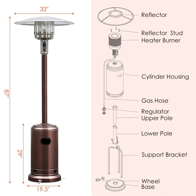 50,000 BTU Propane Patio Heater, Standing Stainless Steel Outdoor Heater with Wheels, Triple Protection, CSA Certified for Deck & Commercial