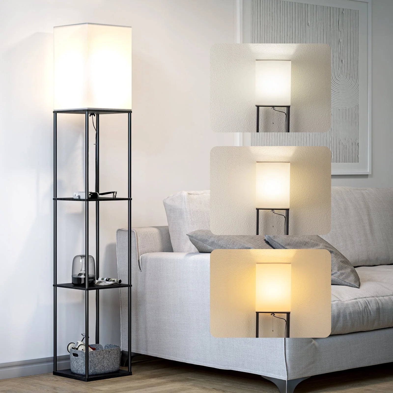 Modern Iron Shelf Floor Lamp with 3 Way Dimmable LED Bulb, Shelves and White Shade for Living Room and Bedroom(Black)