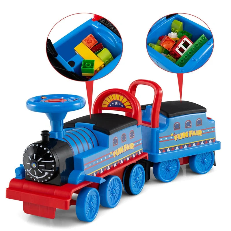 6V 2 - Seater Ride On Train with Detachable Carriage, Under - Seat Storage, Whistle & Flashing LED Lights, Trackless Electric Ride On Toy for Kids