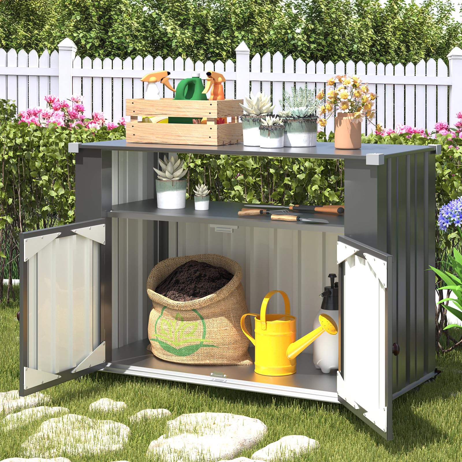AECOJOY Outdoor Grill Table with Storage Cabinet Weatherproof, Outdoor Kitchen Island, Grill Cabinet Cart with Storage