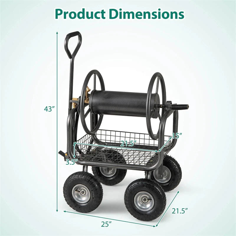 Portable Garden Hose Reel Cart Holds 300FT of 5/8" Large Capacity, Heavy - Duty Metal Hose Cart with 4 Wheels & Storage Basket for Lawn Yard