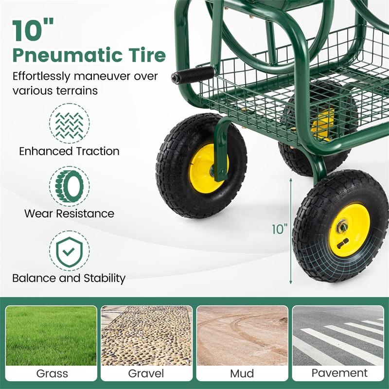 Portable Garden Hose Reel Cart Holds 300FT of 5/8" Large Capacity, Heavy - Duty Metal Hose Cart with 4 Wheels & Storage Basket for Lawn Yard