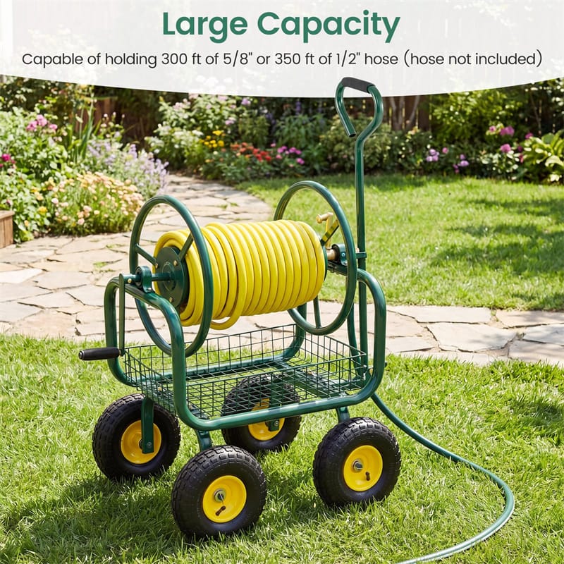 Portable Garden Hose Reel Cart Holds 300FT of 5/8" Large Capacity, Heavy - Duty Metal Hose Cart with 4 Wheels & Storage Basket for Lawn Yard