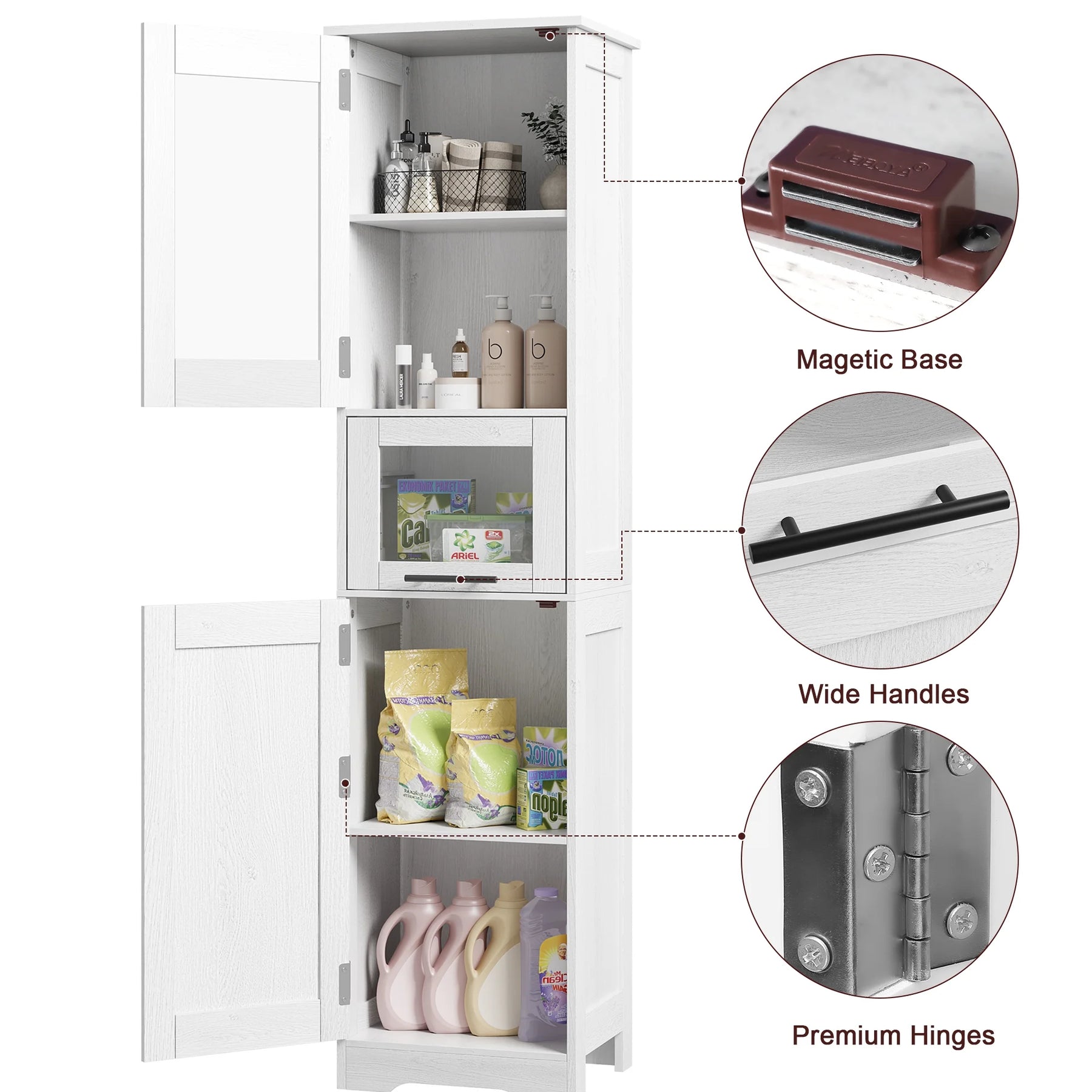 Bathroom Cabinet, Tall Storage Cabinet with Doors and Adjustable Shelf, Freestanding Floor Pantry Cabinet