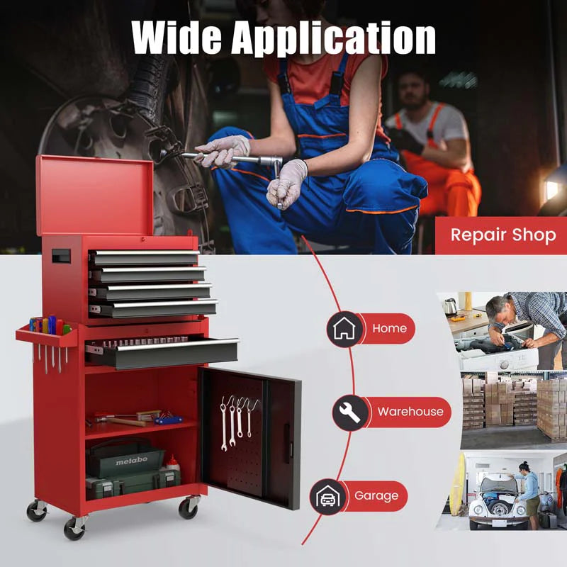 2 - in - 1 Rolling Tool Chest, 5-Drawer Tool Storage Cabinet with Wheels, Adjustable Shelf, Tool Box Organizer for Garage Warehouse Workshop