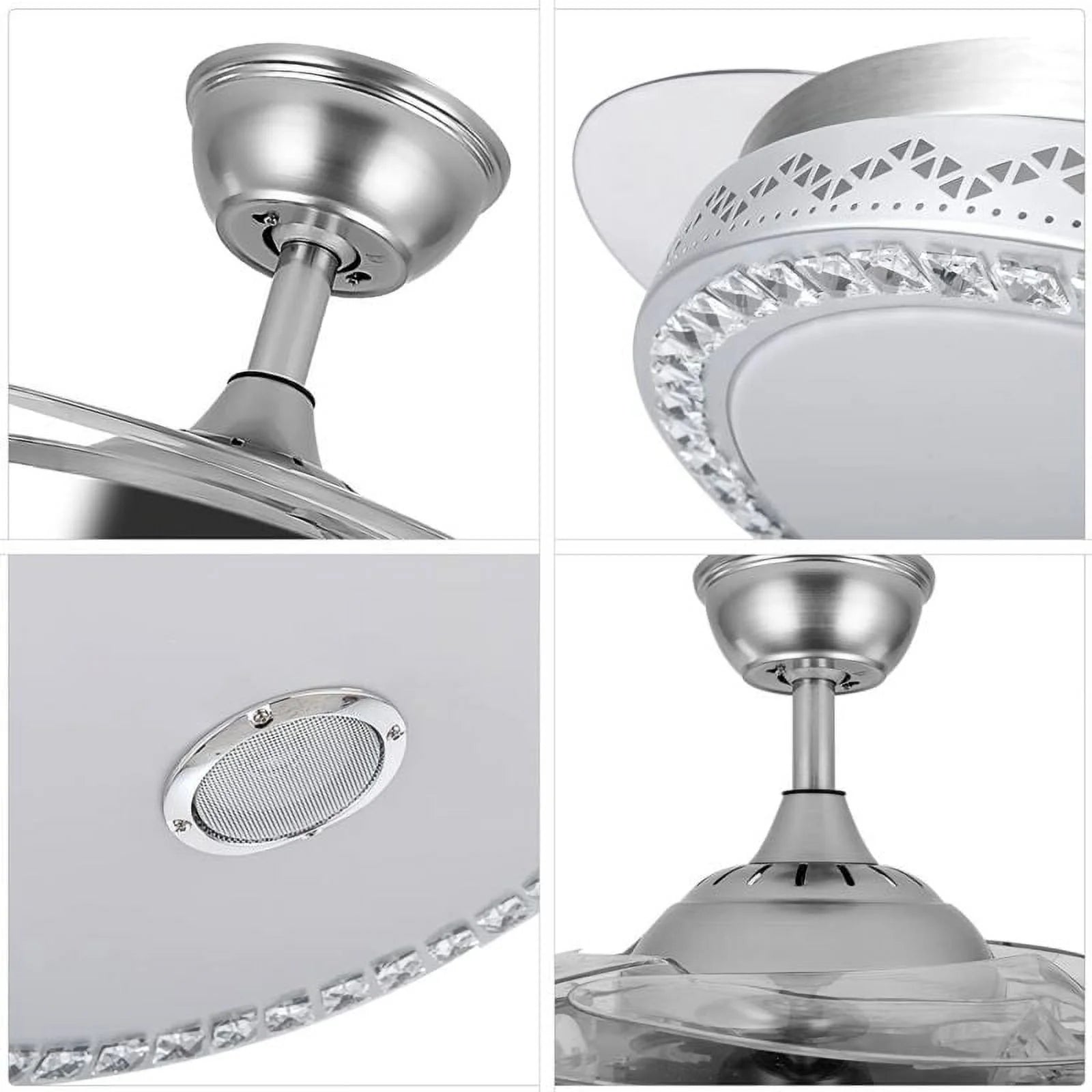 42"invisible Chandelier Ceiling Fan with Light and Bluetooth Speaker, Modern 3 Color Change Crystal Ceiling Fan Light