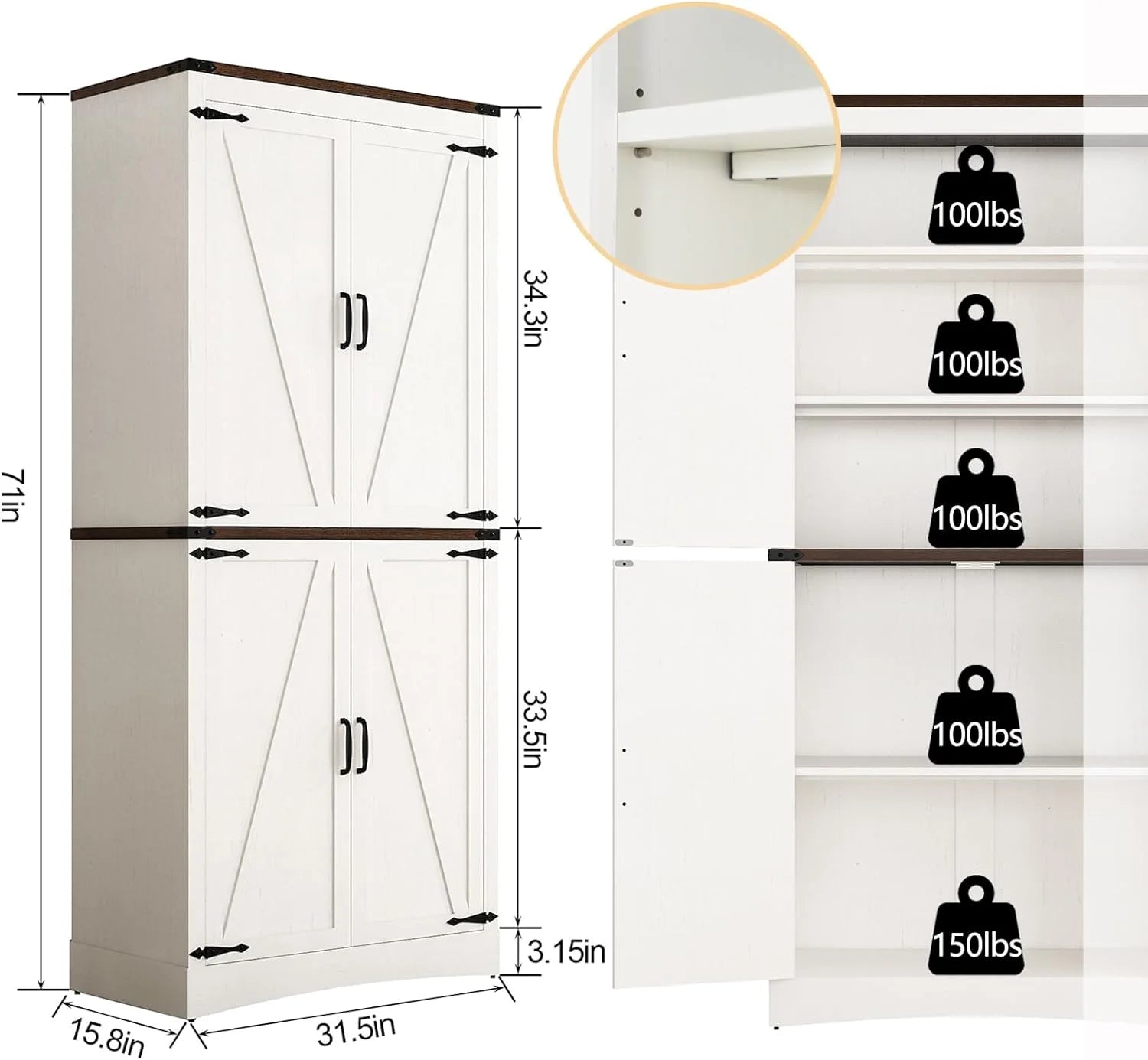 71" Tall Farmhouse Kitchen Pantry Cabinet, 5 Layers Storage Cabinet with Adjustable Shelves, Farmhouse Pantry Cabinet with 4 Barn Doors
