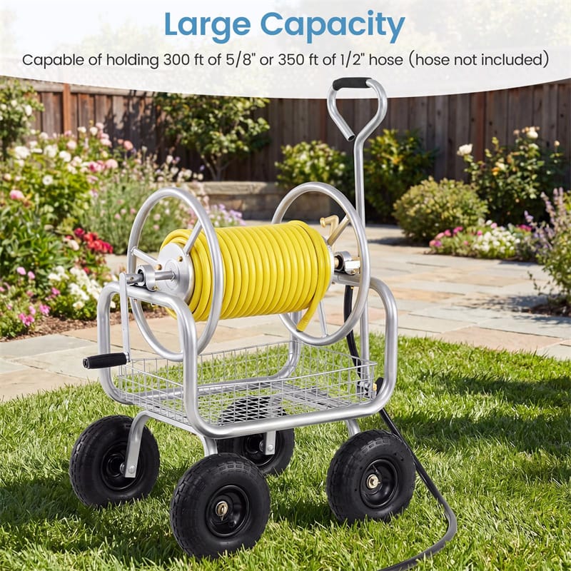 Portable Garden Hose Reel Cart Holds 300FT of 5/8" Large Capacity, Heavy - Duty Metal Hose Cart with 4 Wheels & Storage Basket for Lawn Yard