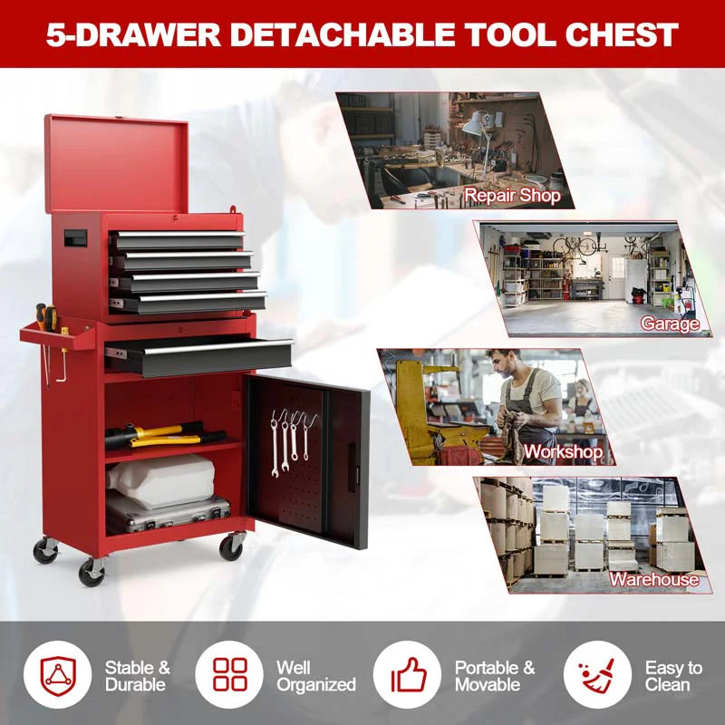 2 - in - 1 Rolling Tool Chest, 5-Drawer Tool Storage Cabinet with Wheels, Adjustable Shelf, Tool Box Organizer for Garage Warehouse Workshop